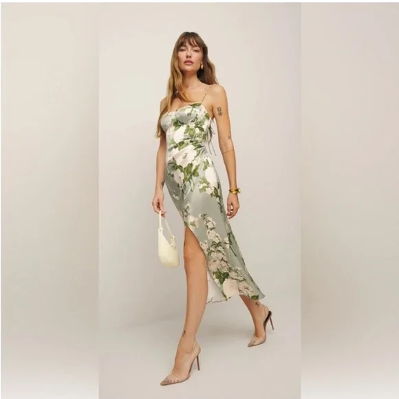 green emerald velvet dress Rent Reformation Kourtney Floral Midi Dress  Romantic & Chic  Versatile